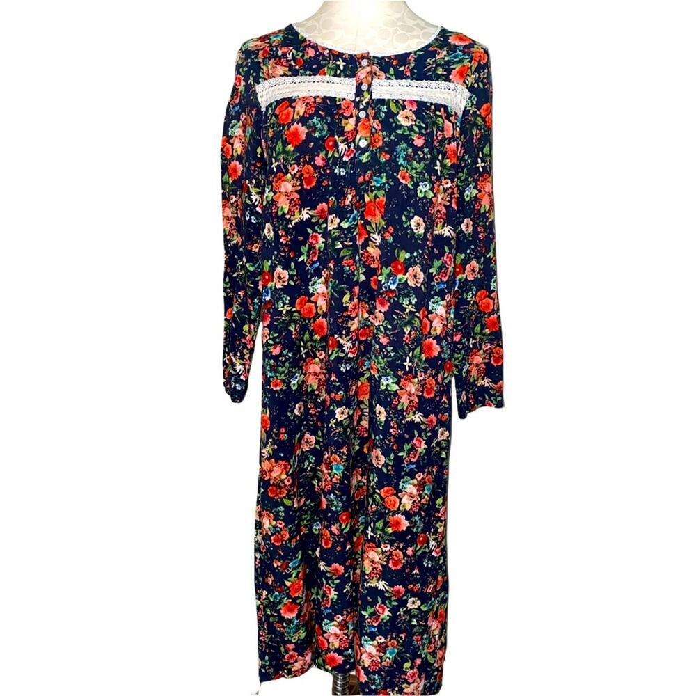 The Vermont Country Store Prairie Style Long Sleeve Floral Print Pullover Dress